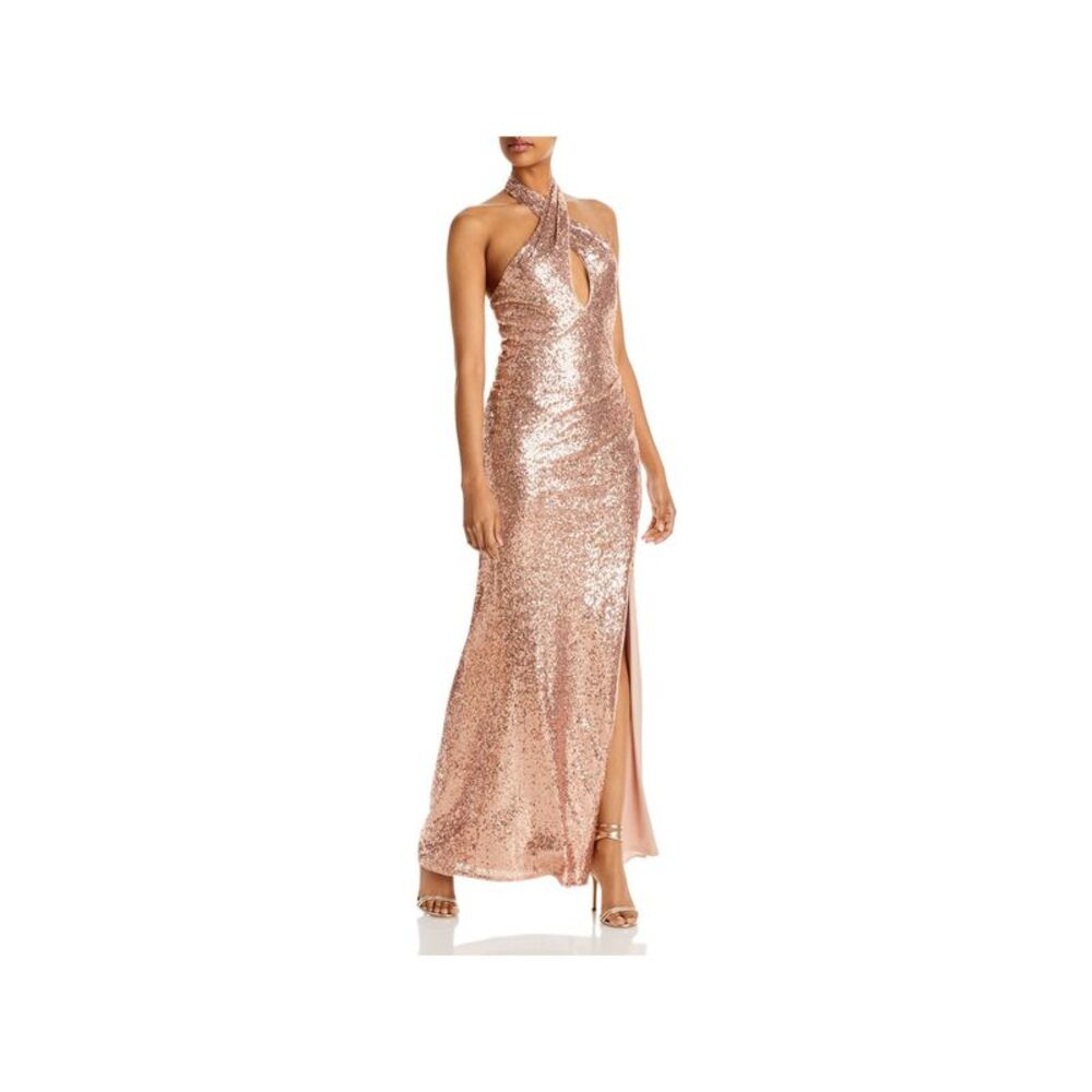 AQUA FORMAL Womens Lined Sleeveless Halter Full-Length Formal Sheath Dress